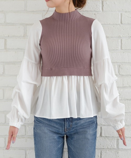 SpRay（スプレイ）の「リブレイヤードボリュームスリーブブラウス（シャツ/ブラウス・レディース・モカ/ブラック・FREE）」の6枚目の写真