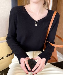 Vネック長袖シンプルニットソー