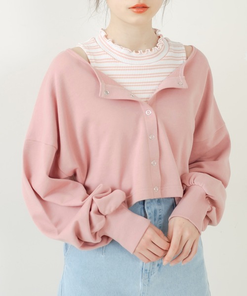 OLIVE des OLIVE（オリーブデオリーブ）の「裏毛カーディガン×ハイネックインナーセット（カーディガン/ボレロ・レディース・ピンク/ネイビー/ライトグレー/イエロー×グリーン・FREE）」の4枚目の写真