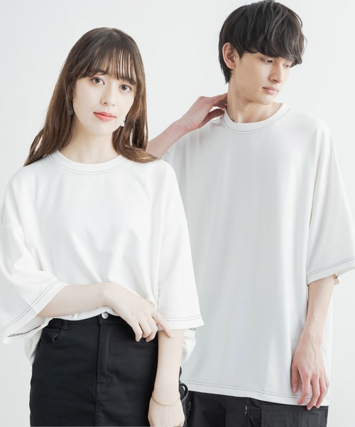 Rocky Monroe(ロッキーモンロー)の「オーバーサイズ 接触冷感 クールダンボール配色ステッチクルーネックTシャツ(Tシャツ/カットソー・メンズ・ホワイト/チャコールグレー/ライトグレー/ブラック/パープル/マスタード/ブルーグリーン/ライトベージュ・M/L)」の2枚目の写真