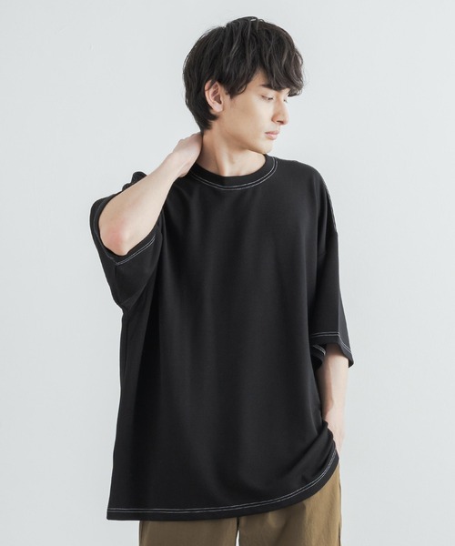 Rocky Monroe(ロッキーモンロー)の「オーバーサイズ 接触冷感 クールダンボール配色ステッチクルーネックTシャツ(Tシャツ/カットソー・メンズ・ホワイト/チャコールグレー/ライトグレー/ブラック/パープル/マスタード/ブルーグリーン/ライトベージュ・M/L)」の3枚目の写真