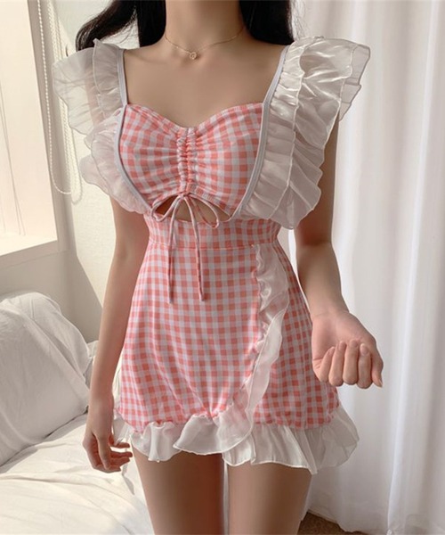 Jasmine Grandiflorum(ジャスミングランディフローラム)の「【Jasmine】フリルギンガムチェック体型カバー水着 (SS)(水着・レディース・ピンク/ライトブルー/ネイビー/ブラック・MEDIUM/X-LARGE/LARGE)」の4枚目の写真