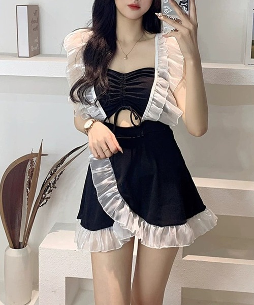 Jasmine Grandiflorum(ジャスミングランディフローラム)の「【Jasmine】フリルギンガムチェック体型カバー水着 (SS)(水着・レディース・ピンク/ライトブルー/ネイビー/ブラック・MEDIUM/X-LARGE/LARGE)」の2枚目の写真