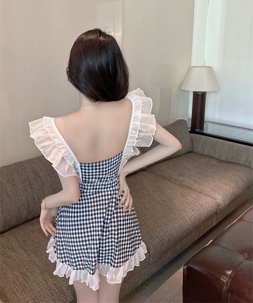 Jasmine Grandiflorum(ジャスミングランディフローラム)の「【Jasmine】フリルギンガムチェック体型カバー水着 (SS)(水着・レディース・ピンク/ライトブルー/ネイビー/ブラック・MEDIUM/X-LARGE/LARGE)」の12枚目の写真