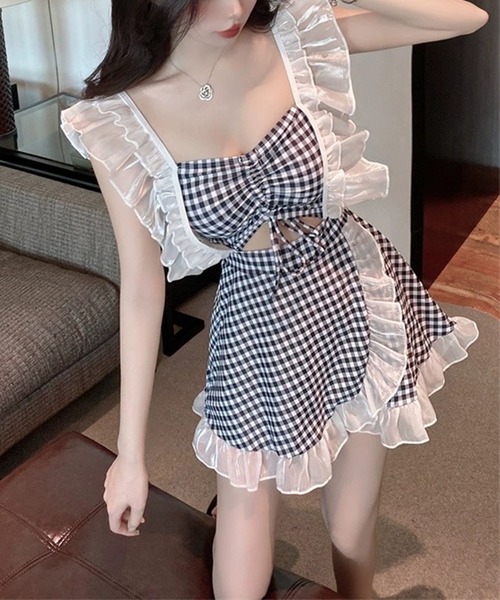 Jasmine Grandiflorum(ジャスミングランディフローラム)の「【Jasmine】フリルギンガムチェック体型カバー水着 (SS)(水着・レディース・ピンク/ライトブルー/ネイビー/ブラック・MEDIUM/X-LARGE/LARGE)」の10枚目の写真