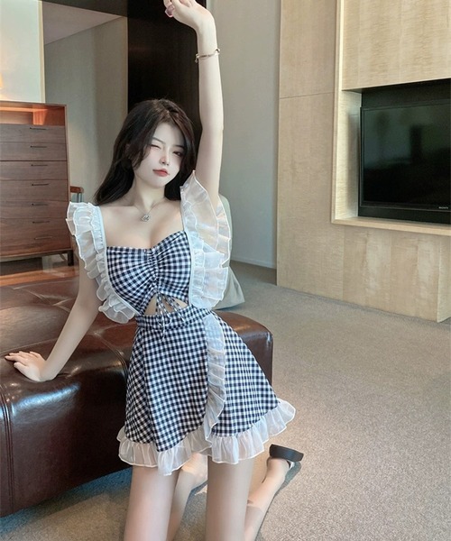 Jasmine Grandiflorum(ジャスミングランディフローラム)の「【Jasmine】フリルギンガムチェック体型カバー水着 (SS)(水着・レディース・ピンク/ライトブルー/ネイビー/ブラック・MEDIUM/X-LARGE/LARGE)」の8枚目の写真