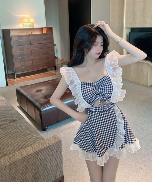 Jasmine Grandiflorum(ジャスミングランディフローラム)の「【Jasmine】フリルギンガムチェック体型カバー水着 (SS)(水着・レディース・ピンク/ライトブルー/ネイビー/ブラック・MEDIUM/X-LARGE/LARGE)」の11枚目の写真