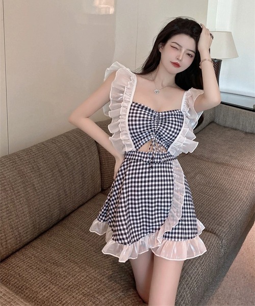 Jasmine Grandiflorum(ジャスミングランディフローラム)の「【Jasmine】フリルギンガムチェック体型カバー水着 (SS)(水着・レディース・ピンク/ライトブルー/ネイビー/ブラック・MEDIUM/X-LARGE/LARGE)」の9枚目の写真