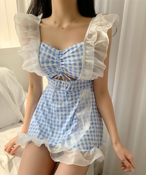Jasmine Grandiflorum(ジャスミングランディフローラム)の「【Jasmine】フリルギンガムチェック体型カバー水着 (SS)(水着・レディース・ピンク/ライトブルー/ネイビー/ブラック・MEDIUM/X-LARGE/LARGE)」の16枚目の写真