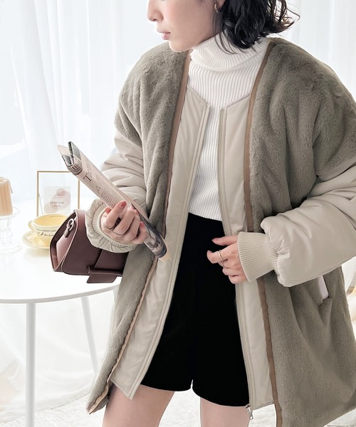 classicalelf(クラシカルエルフ)の「1枚で上級見え。フェイクファードッキング中綿ジップブルゾン(ブルゾン・レディース・グレイッシュベージュ/モカ/カーキ/チャコールグレー・SMALL/MEDIUM/LARGE/X-LARGE)」の11枚目の写真