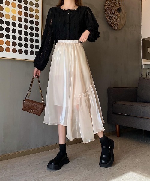 almo(アルモ)の「光沢シフォンアシンメトリースカート(BQ)(スカート・レディース・ブラック/アイボリー/モカ・MEDIUM)」の12枚目の写真