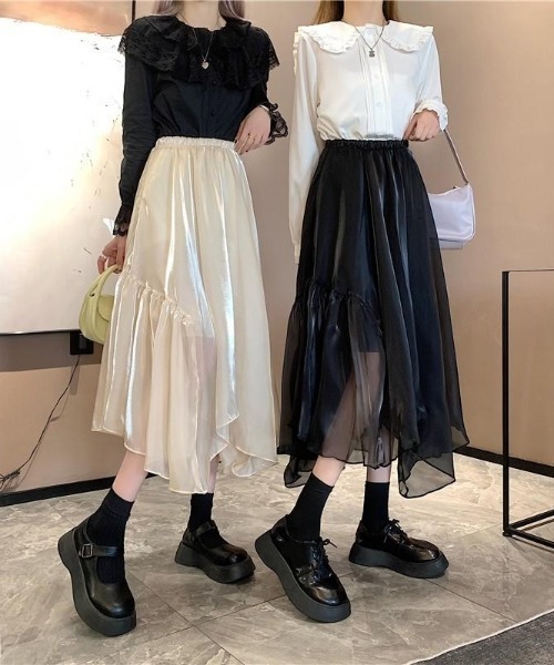 almo(アルモ)の「光沢シフォンアシンメトリースカート(BQ)(スカート・レディース・ブラック/アイボリー/モカ・MEDIUM)」の6枚目の写真