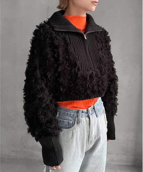 Solace（ソレイス）の「ハーフジップフリンジショートニット（ニット/セーター・レディース・ホワイト/ブラック・FREE）」の6枚目の写真