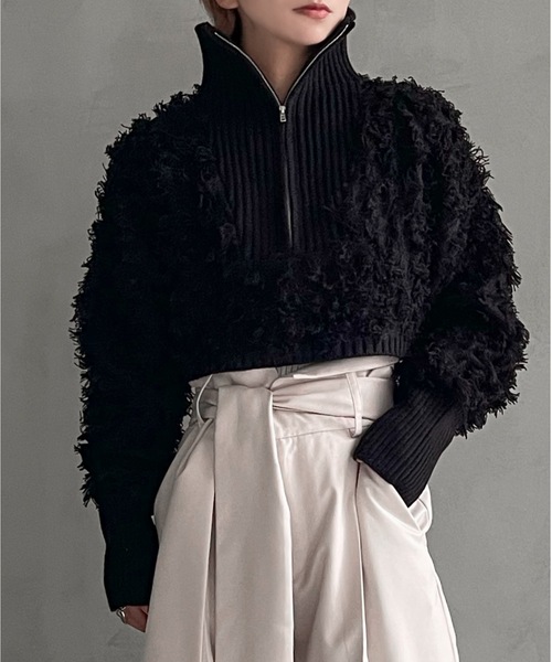 Solace（ソレイス）の「ハーフジップフリンジショートニット（ニット/セーター・レディース・ホワイト/ブラック・FREE）」の11枚目の写真