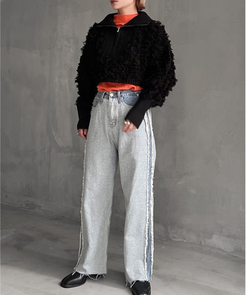 Solace（ソレイス）の「ハーフジップフリンジショートニット（ニット/セーター・レディース・ホワイト/ブラック・FREE）」の5枚目の写真