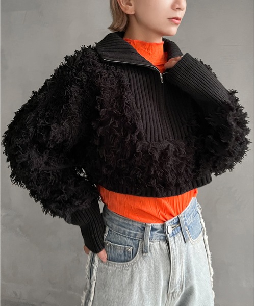 Solace（ソレイス）の「ハーフジップフリンジショートニット（ニット/セーター・レディース・ホワイト/ブラック・FREE）」の4枚目の写真