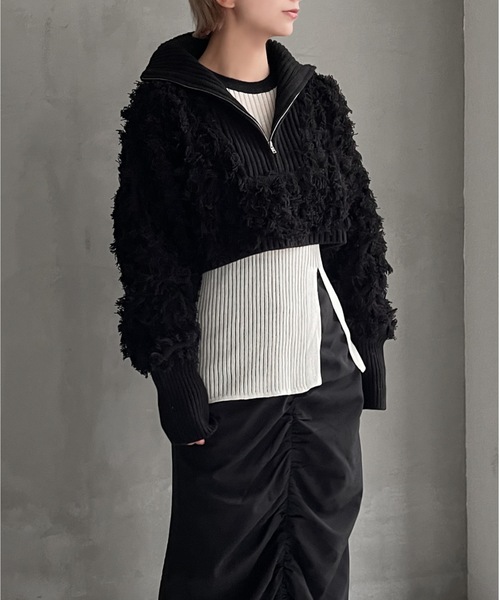 Solace（ソレイス）の「ハーフジップフリンジショートニット（ニット/セーター・レディース・ホワイト/ブラック・FREE）」の8枚目の写真