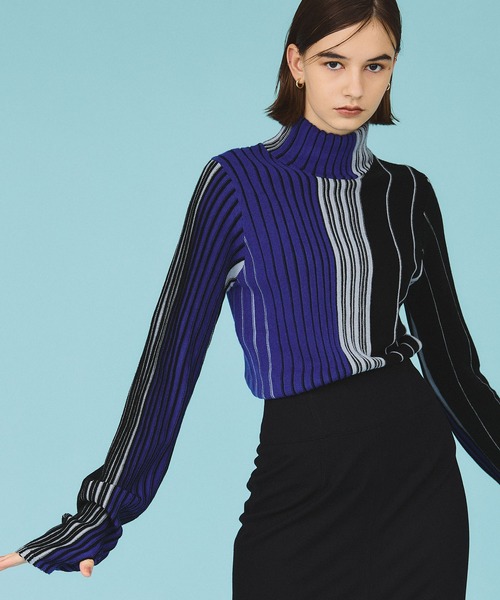 casane（カサネ）の「マルチカラーリブラインニット（ニット/セーター・レディース・ベージュ/グレー/ブラック・FREE）」の2枚目の写真