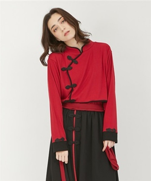 axes femme（アクシーズファム）の「チャイナボタンリブトップス（Tシャツ/カットソー・レディース・ブラック/レッド/ホワイト・FREE）」の3枚目の写真