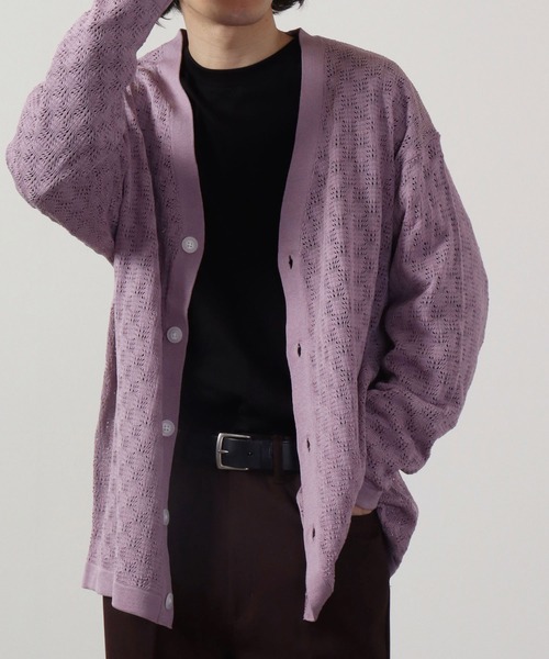 FUNALIVE（ファンアライブ）の「リネンライク 透かしメッシュ編みルーズサイズVネックカーディガン（カーディガン/ボレロ・メンズ・ケリーグリーン/ラベンダー/ワイン/ブラック/チャコールグレー/オフホワイト/グレイッシュブルー・S/M/L）」の6枚目の写真