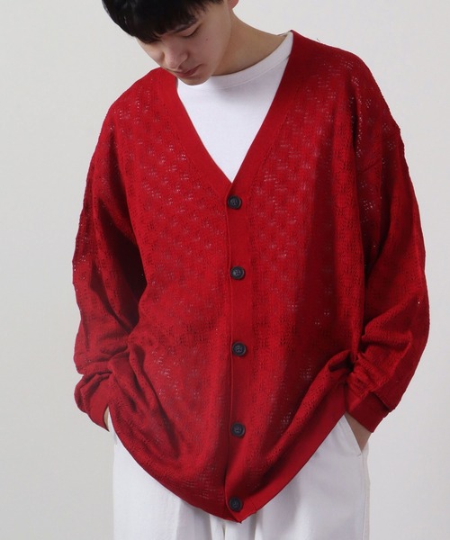 FUNALIVE（ファンアライブ）の「リネンライク 透かしメッシュ編みルーズサイズVネックカーディガン（カーディガン/ボレロ・メンズ・ケリーグリーン/ラベンダー/ワイン/ブラック/チャコールグレー/オフホワイト/グレイッシュブルー・S/M/L）」の7枚目の写真