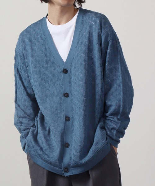 FUNALIVE（ファンアライブ）の「リネンライク 透かしメッシュ編みルーズサイズVネックカーディガン（カーディガン/ボレロ・メンズ・ケリーグリーン/ラベンダー/ワイン/ブラック/チャコールグレー/オフホワイト/グレイッシュブルー・S/M/L）」の5枚目の写真