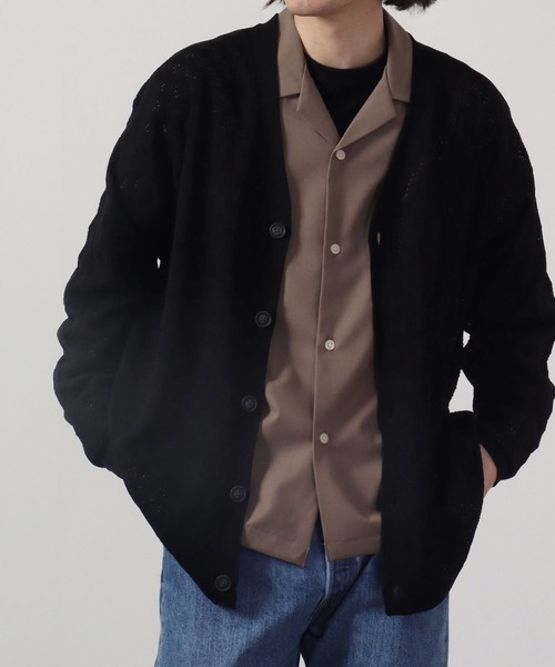 FUNALIVE（ファンアライブ）の「リネンライク 透かしメッシュ編みルーズサイズVネックカーディガン（カーディガン/ボレロ・メンズ・ケリーグリーン/ラベンダー/ワイン/ブラック/チャコールグレー/オフホワイト/グレイッシュブルー・S/M/L）」の3枚目の写真