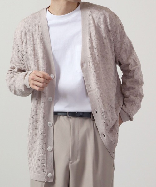 FUNALIVE（ファンアライブ）の「リネンライク 透かしメッシュ編みルーズサイズVネックカーディガン（カーディガン/ボレロ・メンズ・ケリーグリーン/ラベンダー/ワイン/ブラック/チャコールグレー/オフホワイト/グレイッシュブルー・S/M/L）」の12枚目の写真