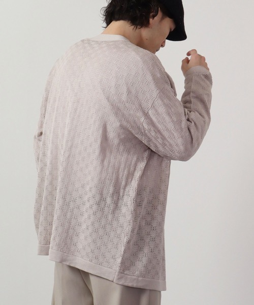 FUNALIVE（ファンアライブ）の「リネンライク 透かしメッシュ編みルーズサイズVネックカーディガン（カーディガン/ボレロ・メンズ・ケリーグリーン/ラベンダー/ワイン/ブラック/チャコールグレー/オフホワイト/グレイッシュブルー・S/M/L）」の13枚目の写真