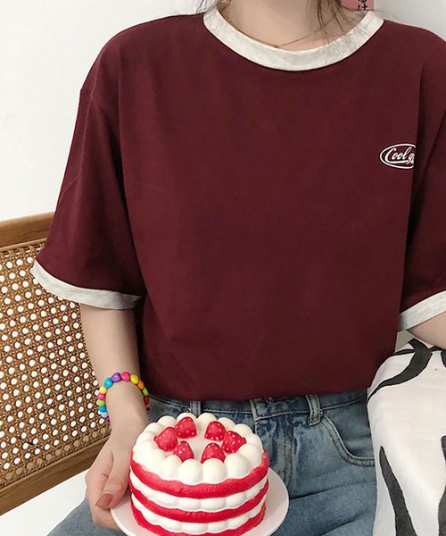 NinaetLina（ニナエリナ）の「バイカラーTシャツ半袖（Tシャツ/カットソー・レディース・ワインレッド/ダークグリーン・FREE）」の2枚目の写真