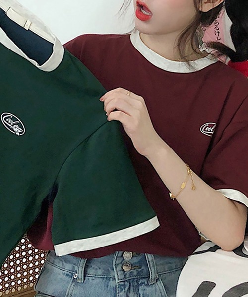 NinaetLina（ニナエリナ）の「バイカラーTシャツ半袖（Tシャツ/カットソー・レディース・ワインレッド/ダークグリーン・FREE）」の5枚目の写真
