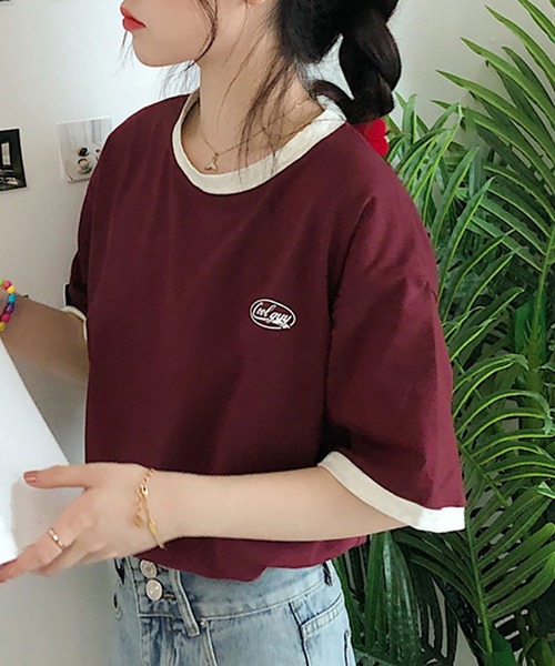 NinaetLina（ニナエリナ）の「バイカラーTシャツ半袖（Tシャツ/カットソー・レディース・ワインレッド/ダークグリーン・FREE）」の4枚目の写真
