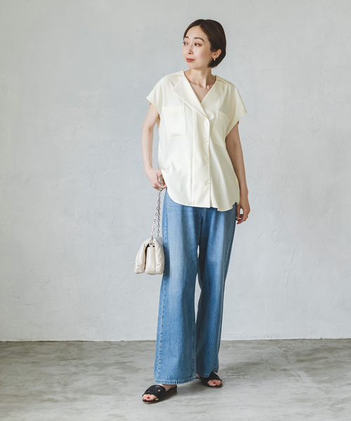 Noble - noble バックサテンフレンチスリーブシャツ　ホワイト Noble - noble バックサテンフレンチスリーブシャツ ホワイトの