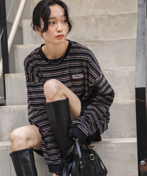 WEGO(ウィゴー)の「WEGO/ベロアボーダーワンポイントロンT(Tシャツ/カットソー・メンズ・ブラック系その他5/ホワイト系その他5・MEDIUM/LARGE)」の1枚目の写真