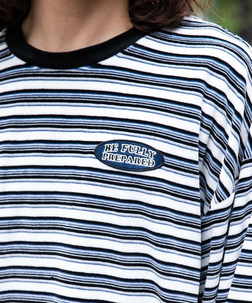 WEGO(ウィゴー)の「WEGO/ベロアボーダーワンポイントロンT(Tシャツ/カットソー・メンズ・ブラック系その他5/ホワイト系その他5・MEDIUM/LARGE)」の6枚目の写真