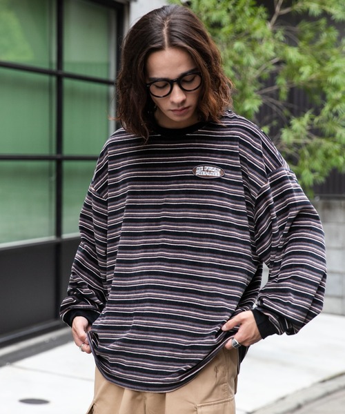 WEGO(ウィゴー)の「WEGO/ベロアボーダーワンポイントロンT(Tシャツ/カットソー・メンズ・ブラック系その他5/ホワイト系その他5・MEDIUM/LARGE)」の14枚目の写真