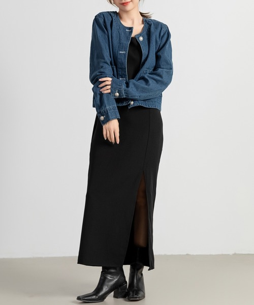 DAY CLOSET(デイ クローゼット)の「レディース ノーカラーショートデニムジャケット(デニムジャケット・レディース・ブルー・S/M)」の5枚目の写真