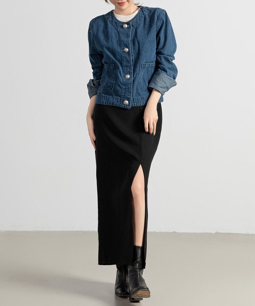 DAY CLOSET(デイ クローゼット)の「レディース ノーカラーショートデニムジャケット(デニムジャケット・レディース・ブルー・S/M)」の6枚目の写真