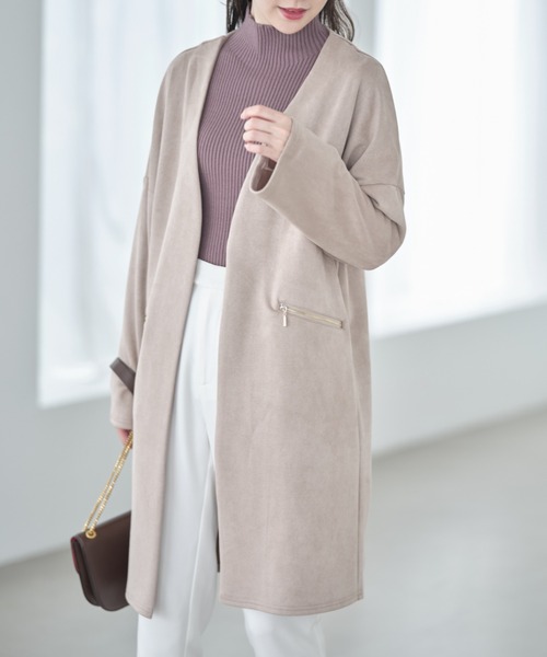 tocco closet(トッコ クローゼット)の「ポケットファスナースエードポンチコーディガン(ノーカラーコート・レディース・ベージュ/グレー/モカ/グレイッシュベージュ・M)」の2枚目の写真
