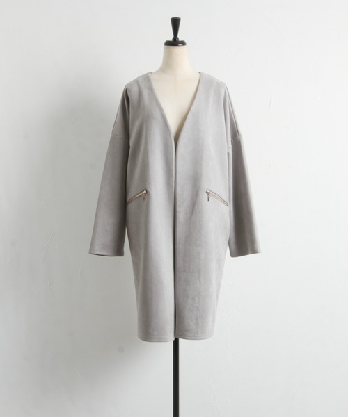 tocco closet(トッコ クローゼット)の「ポケットファスナースエードポンチコーディガン(ノーカラーコート・レディース・ベージュ/グレー/モカ/グレイッシュベージュ・M)」の20枚目の写真