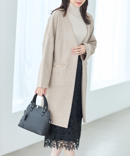 tocco closet(トッコ クローゼット)の「ポケットファスナースエードポンチコーディガン(ノーカラーコート・レディース・ベージュ/グレー/モカ/グレイッシュベージュ・M)」の12枚目の写真