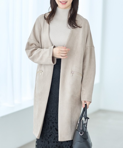 tocco closet(トッコ クローゼット)の「ポケットファスナースエードポンチコーディガン(ノーカラーコート・レディース・ベージュ/グレー/モカ/グレイッシュベージュ・M)」の13枚目の写真