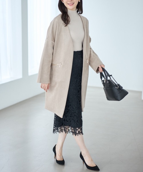 tocco closet(トッコ クローゼット)の「ポケットファスナースエードポンチコーディガン(ノーカラーコート・レディース・ベージュ/グレー/モカ/グレイッシュベージュ・M)」の11枚目の写真