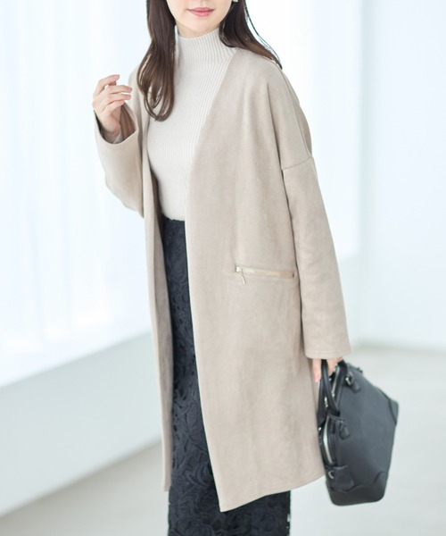 tocco closet(トッコ クローゼット)の「ポケットファスナースエードポンチコーディガン(ノーカラーコート・レディース・ベージュ/グレー/モカ/グレイッシュベージュ・M)」の15枚目の写真