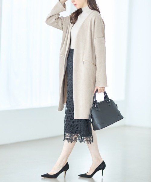 tocco closet(トッコ クローゼット)の「ポケットファスナースエードポンチコーディガン(ノーカラーコート・レディース・ベージュ/グレー/モカ/グレイッシュベージュ・M)」の14枚目の写真