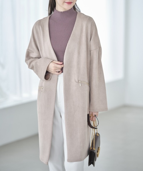 tocco closet(トッコ クローゼット)の「ポケットファスナースエードポンチコーディガン(ノーカラーコート・レディース・ベージュ/グレー/モカ/グレイッシュベージュ・M)」の9枚目の写真