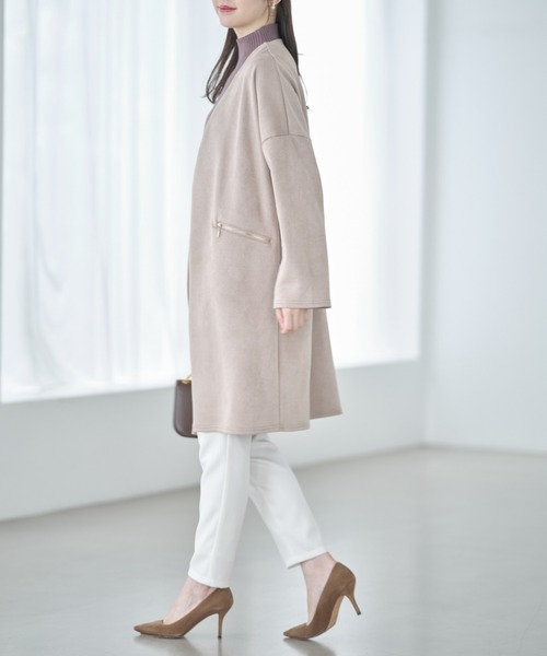 tocco closet(トッコ クローゼット)の「ポケットファスナースエードポンチコーディガン(ノーカラーコート・レディース・ベージュ/グレー/モカ/グレイッシュベージュ・M)」の8枚目の写真