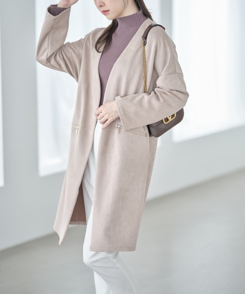 tocco closet(トッコ クローゼット)の「ポケットファスナースエードポンチコーディガン(ノーカラーコート・レディース・ベージュ/グレー/モカ/グレイッシュベージュ・M)」の10枚目の写真