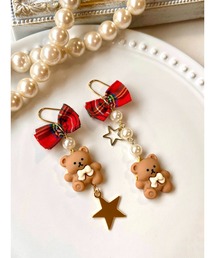 【MUURABBTI】くまちゃんと星のチェックリボンピアス(MA)