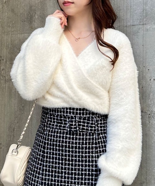 セール】フェザーヤーンカシュクールクロップドニット（ニット